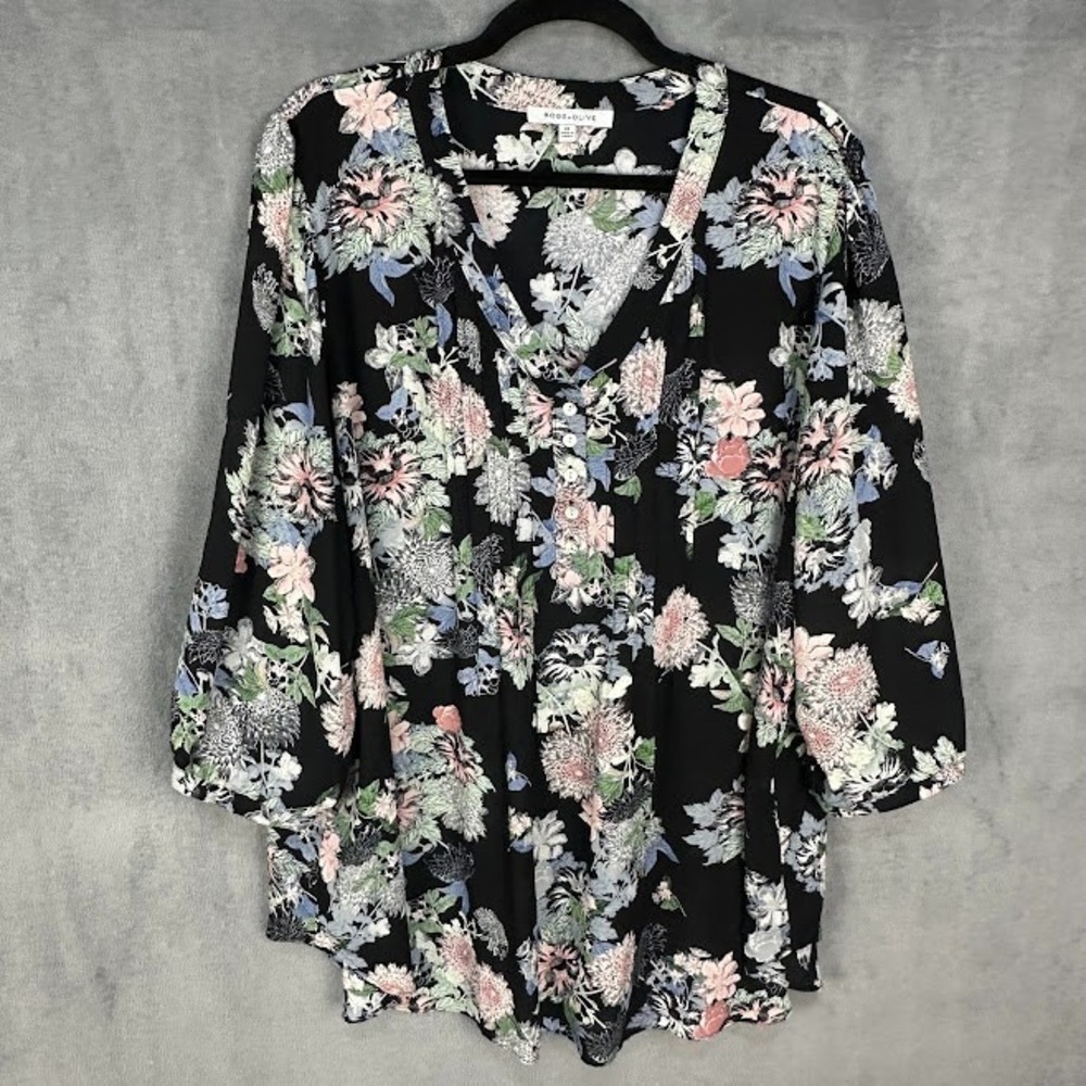 Rose Olive Top Womens 2X Black Floral 3/4 Length Sleeve Lightweight Flowy Boho